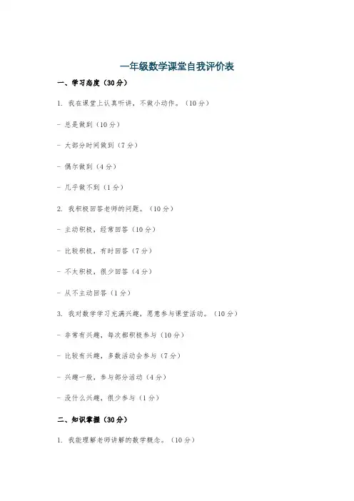 一年级数学课堂自我评价表