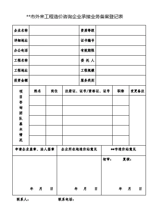 XX市外来工程造价咨询企业承接业务备案登记表【模板】