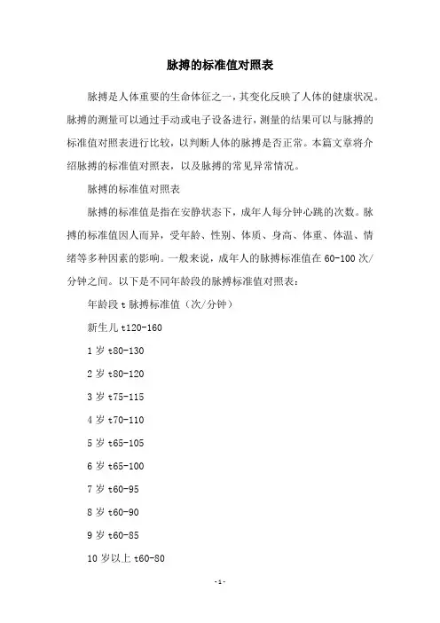 脉搏的标准值对照表