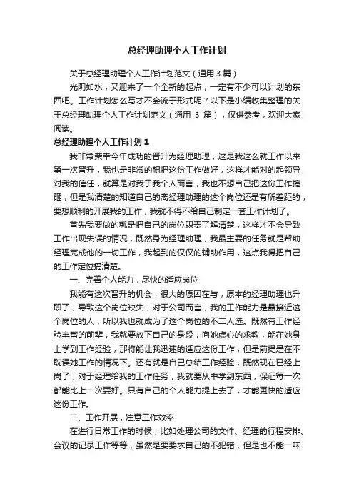 关于总经理助理个人工作计划范文（通用3篇）