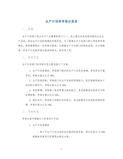 生产计划部考核分值表
