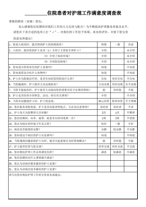 住院患者对护理工作满意度调查表