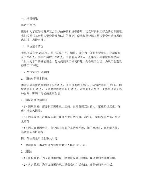 工会帮扶资金申请报告