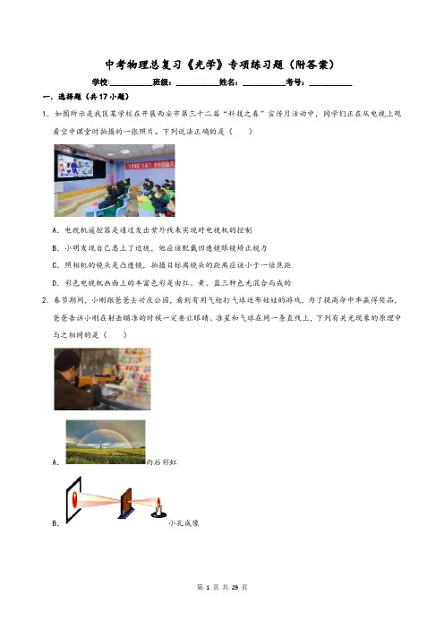 中考物理总复习《光学》专项练习题(附答案)