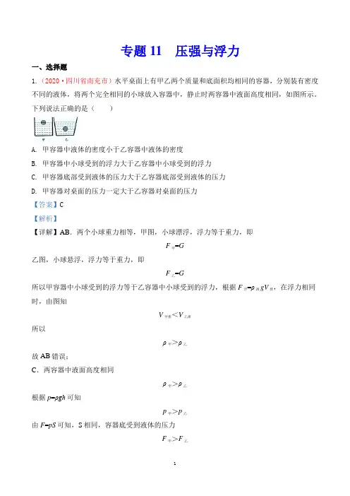 2020中考物理专题专题11  压强与浮力(第2期)(解析版)