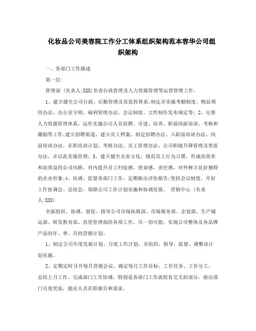化妆品公司美容院工作分工体系组织架构范本容华公司组织架构