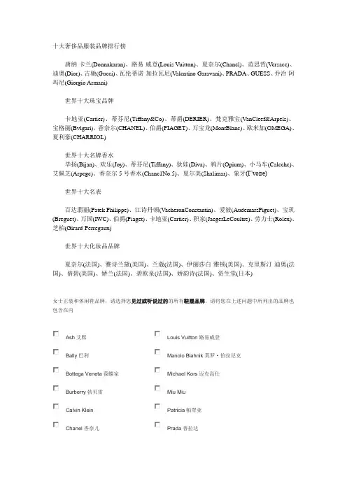 十大奢侈品服装品牌排行榜