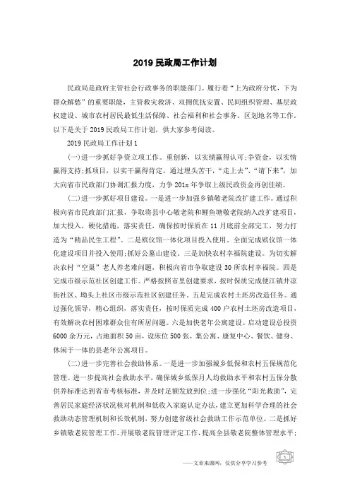 2019民政局工作计划