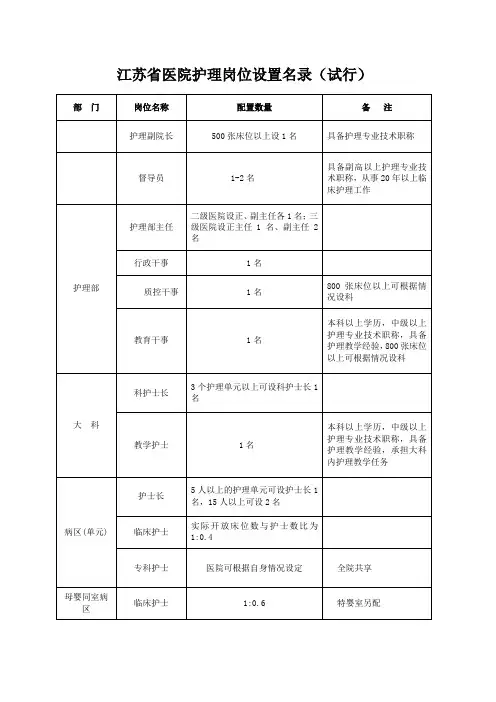 江苏省医院护理岗位设置名录(试行)