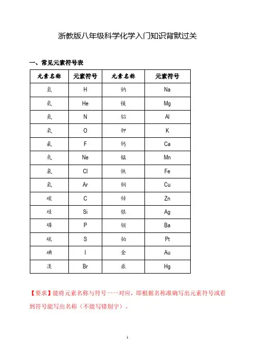 浙教版八年级科学化学入门知识背默过关