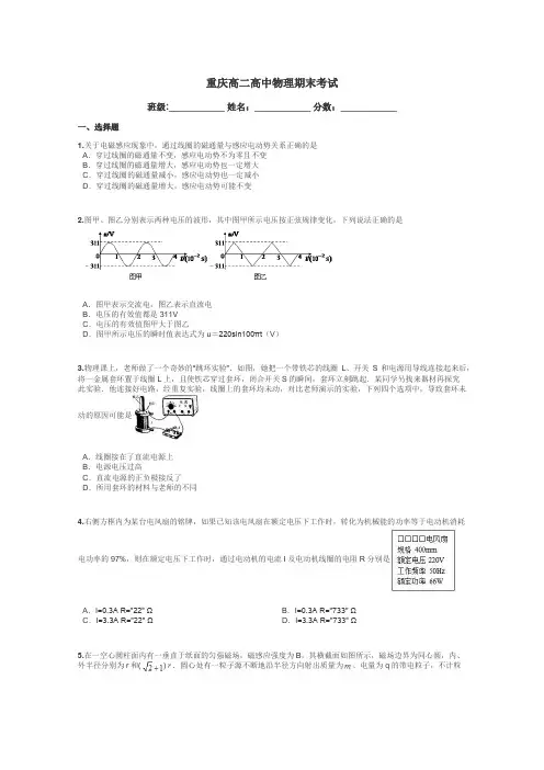 重庆高二高中物理期末考试带答案解析