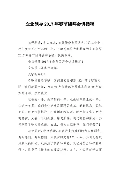 企业领导2017年春节团拜会讲话稿