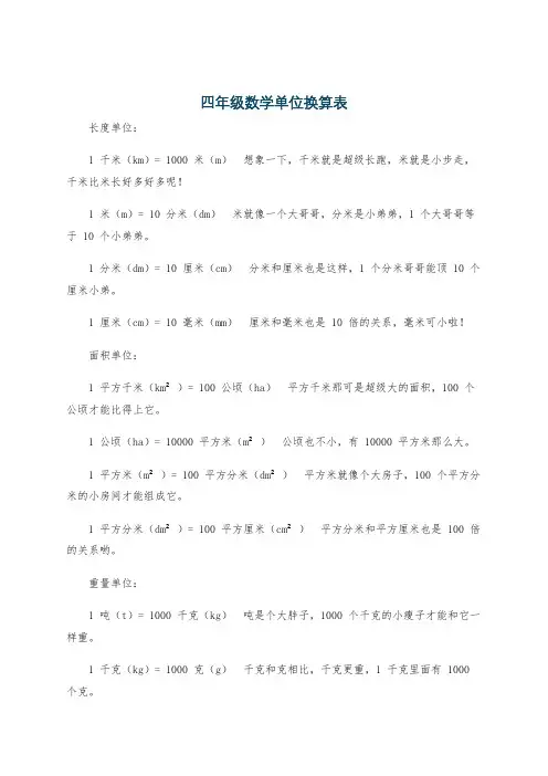 四年级数学单位换算表