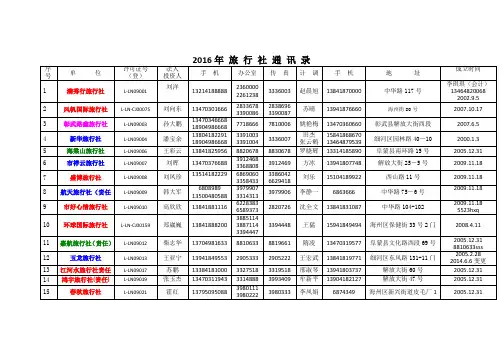 2016年旅行社通讯录汇总(2016.3.18)
