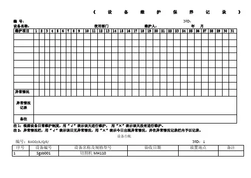 各种设备维护保养记录表格