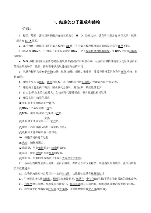 知识点01细胞的分子组成和结构-2020年高考考前教材必读必背知识点精选(生物)