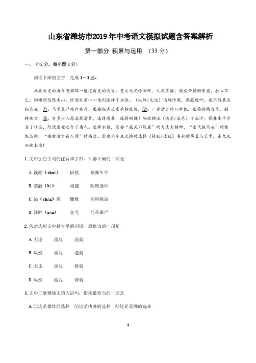 山东省潍坊市2019年中考语文模拟试题含答案解析