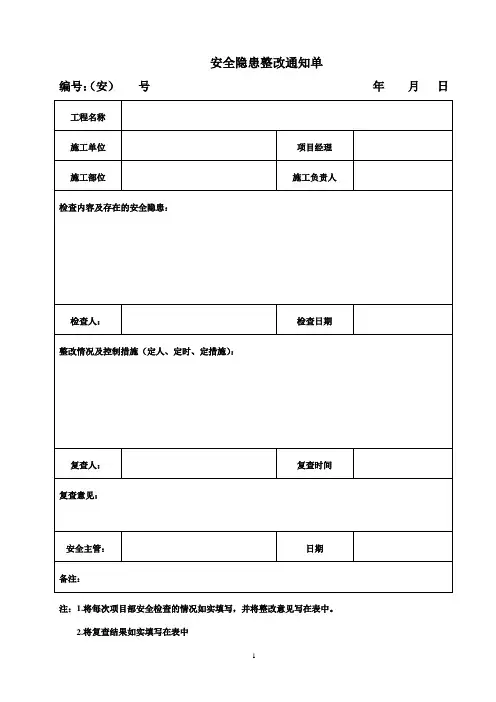 安全检查整改通知反馈单