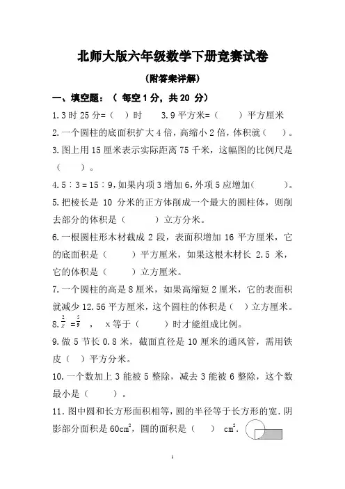 北师大版六年级数学下册竞赛精编试卷(附答案详解)