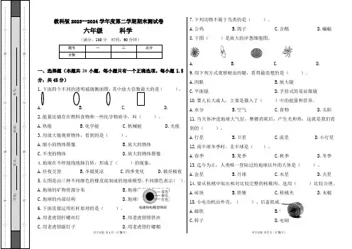 教科版2023--2024学年度第二学期六年级科学下册期末测试卷及答案(含两套题)