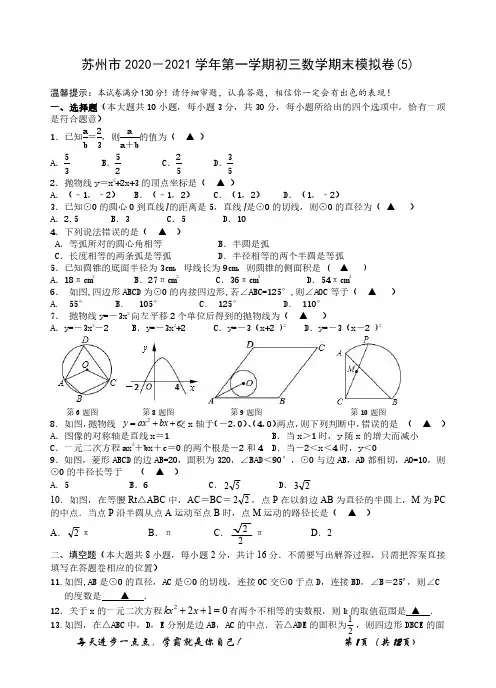 苏州市2020-2021学年第一学期初三数学期末模拟卷(5)(含答案)