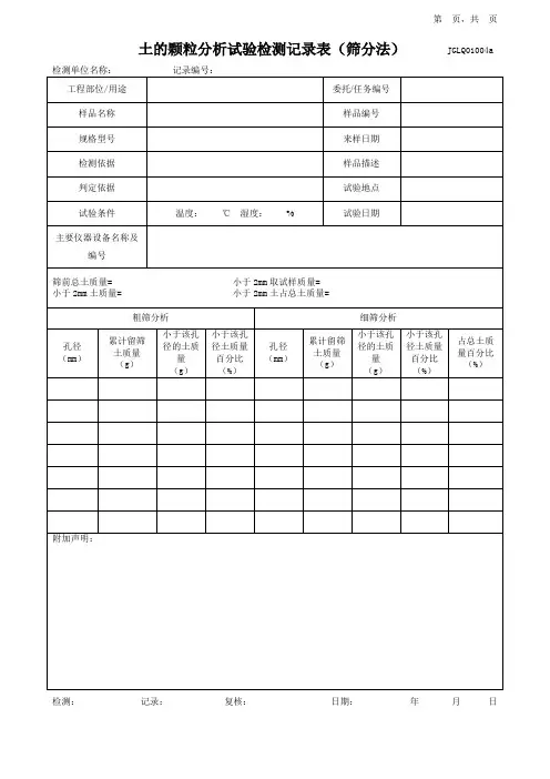 土的颗粒分析试验检测记录表(筛分法)