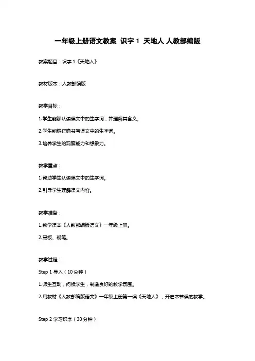 一年级上册语文教案  识字1  天地人 人教部编版
