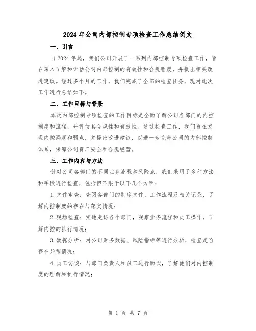 2024年公司内部控制专项检查工作总结例文(2篇)