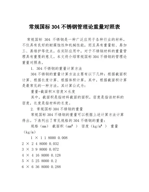 常规国标304不锈钢管理论重量对照表