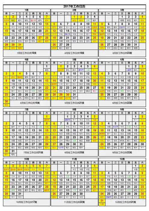 2017年工作日历(一页A4纸完美打印,“红字”标注全年休假,附每月工作天数)