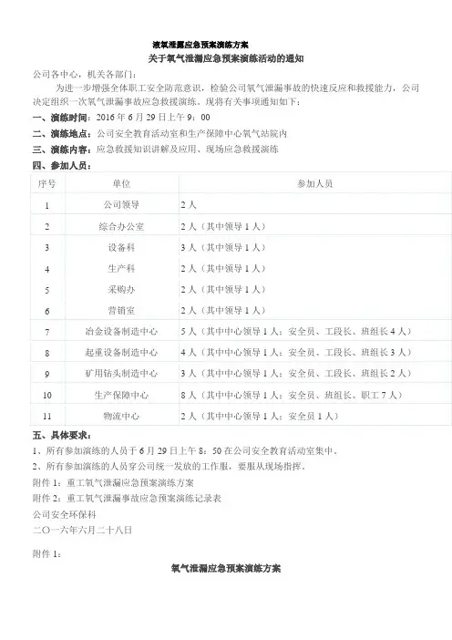液氧泄露应急预案演练方案