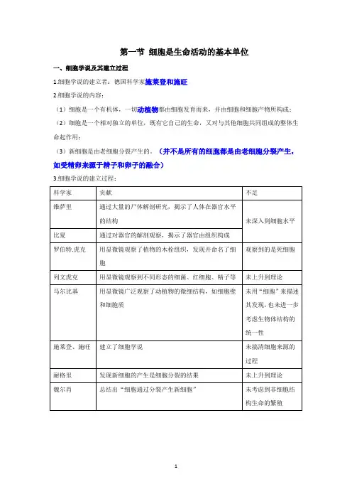 细胞是生命活动的基本单位知识点 高一上学期生物人教版必修一