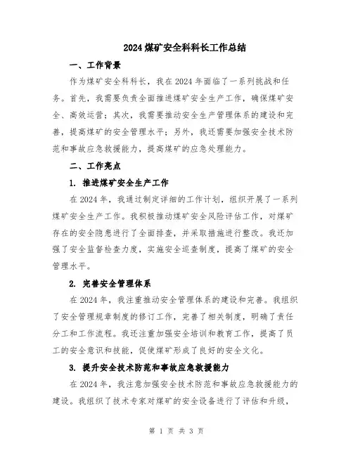 2024煤矿安全科科长工作总结