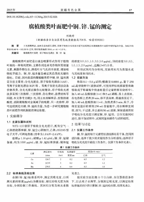 腐植酸类叶面肥中铜、锌、锰的测定