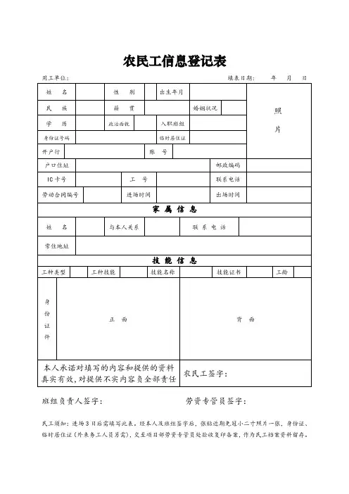 民工信息登记表【范本模板】