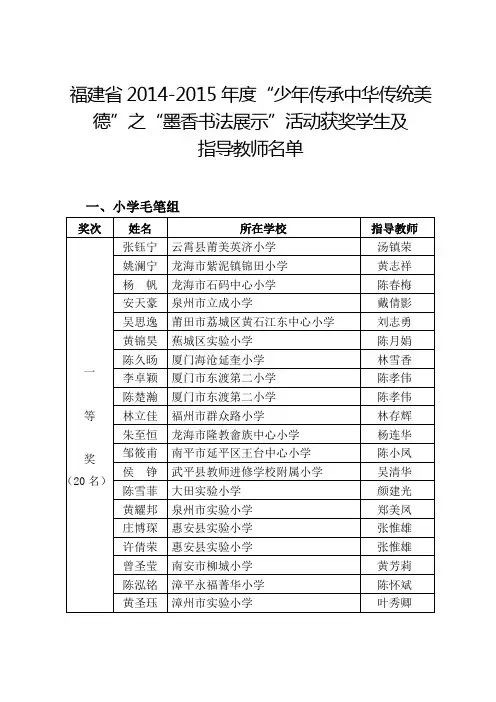 福建省2014-2015年度少年传承中华传统美德之墨香书