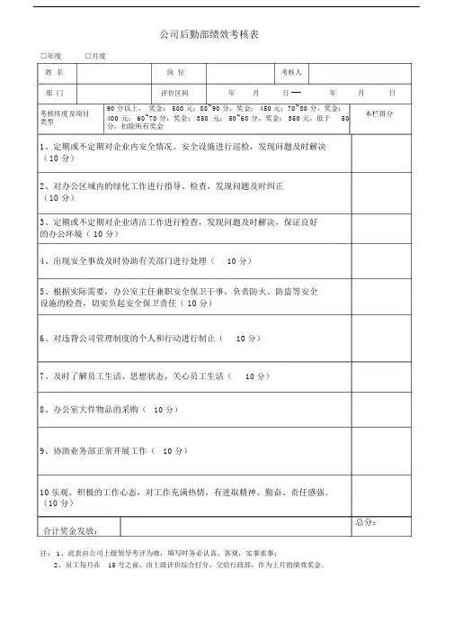 后勤部绩效考核表