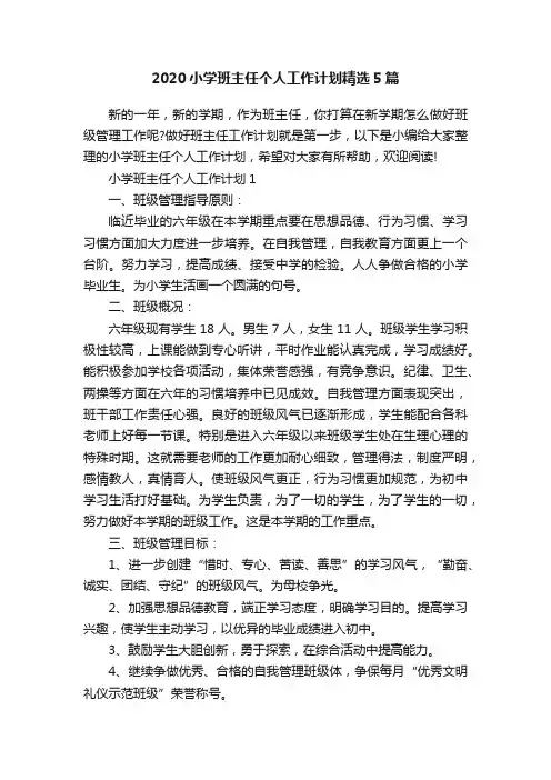 2020小学班主任个人工作计划精选5篇