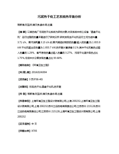 污泥热干化工艺系统热平衡分析