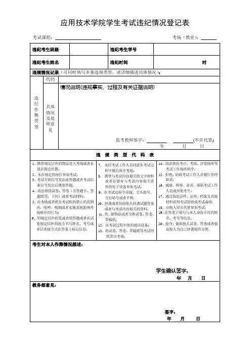应用技术学院学生考试违纪情况登记表