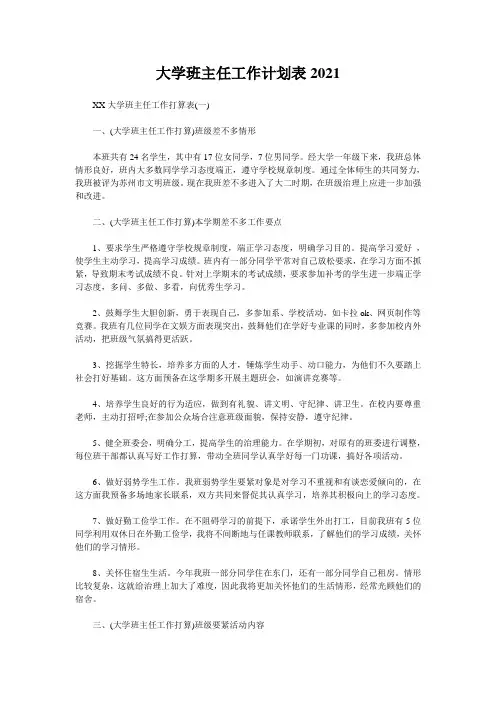 大学班主任工作计划表2021