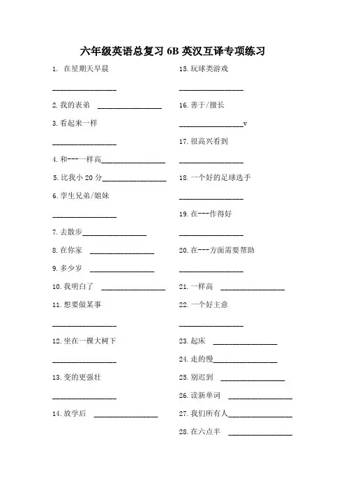 译林版六年级英语总复习B英汉互译专项练习