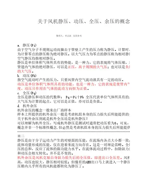 关于风机静压、动压、全压、余压的概念