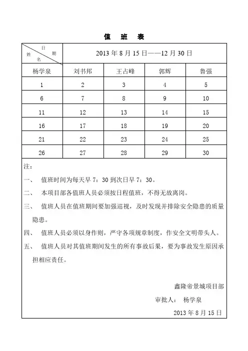 安全值班表
