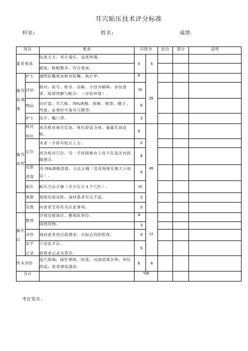 耳穴贴压技术评分标准