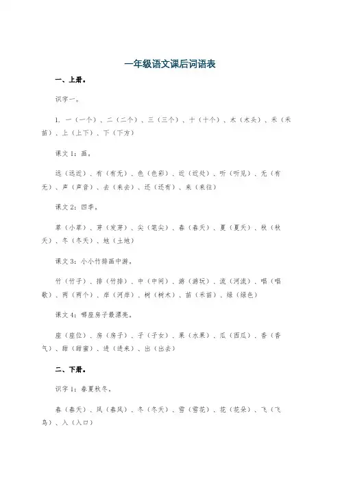 一年级语文课后词语表