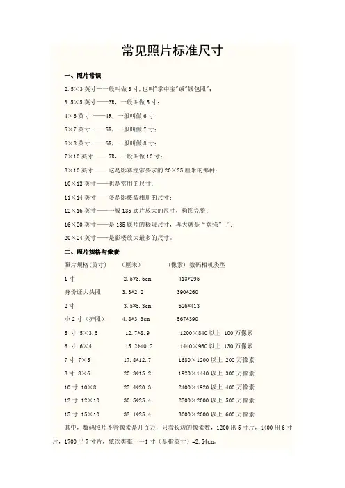 常见照片标准尺寸