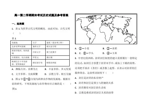 高一第二学期期末考试历史试题及参考答案