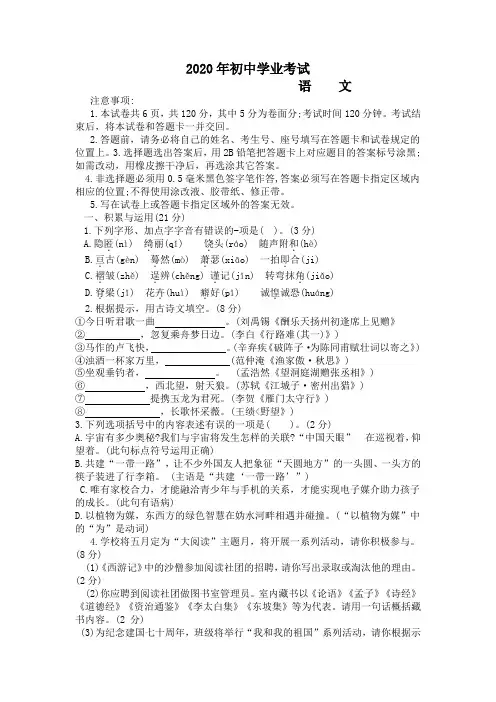 2020年中考语文试题及答案(word版) (10)