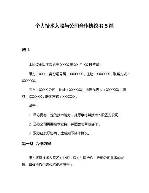 个人技术入股与公司合作协议书5篇